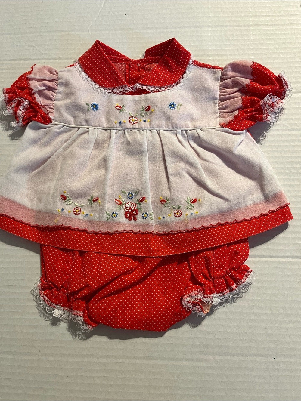Vintage Newborn Red and White hand Smoked & Embroidered 2pc. Dress & bloomers
